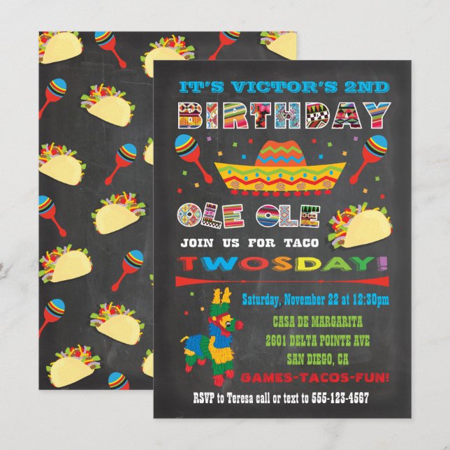 Taco Twosday Tuesday Mexican Fiesta 2nd Birthday Invitation (Front/Back)