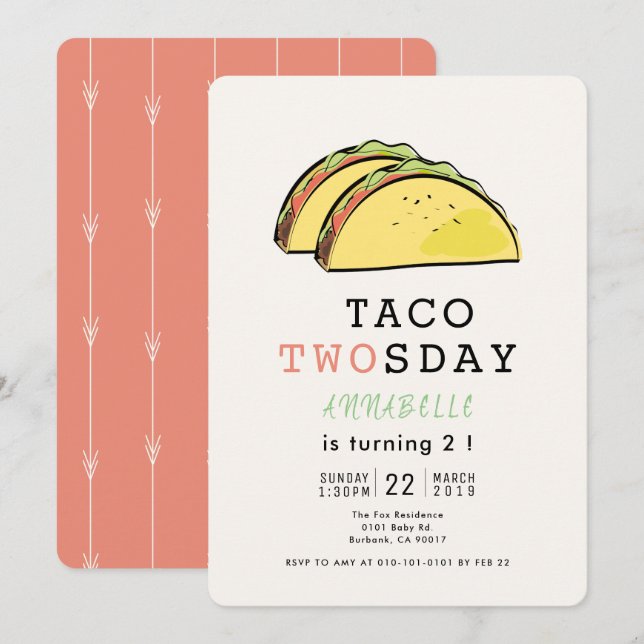 Taco Twosday Tuesday Mexican Fiesta 2nd Birthday Invitation (Front/Back)