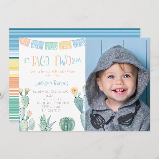 Taco TWOsday Yellow Blue 2nd Birthday Party Photo Invitation (Front/Back)