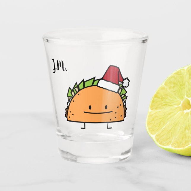 Taco wearing Santa Hat Christmas shell meat salsa Shot Glass (Front)