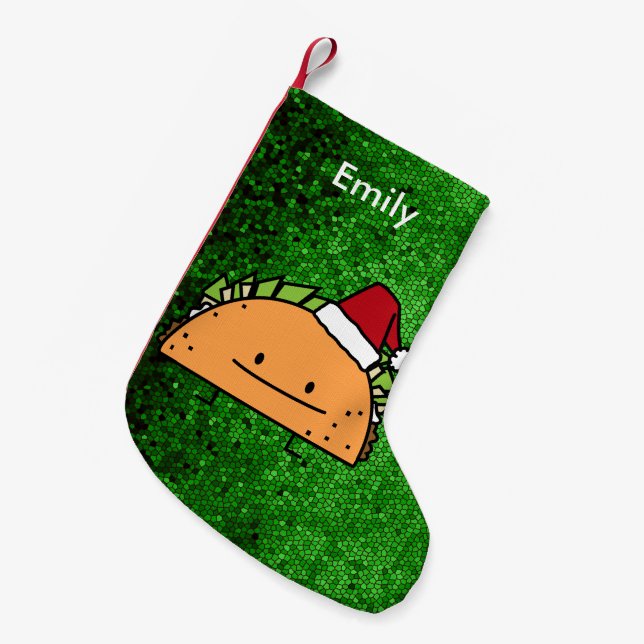 Taco wearing Santa Hat Christmas shell meat salsa Small Christmas Stocking (Front (Hanging))