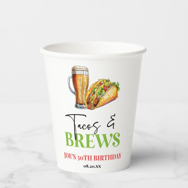 Tacos and Brews Beer Glass Birthday Party Paper Cups (Front)