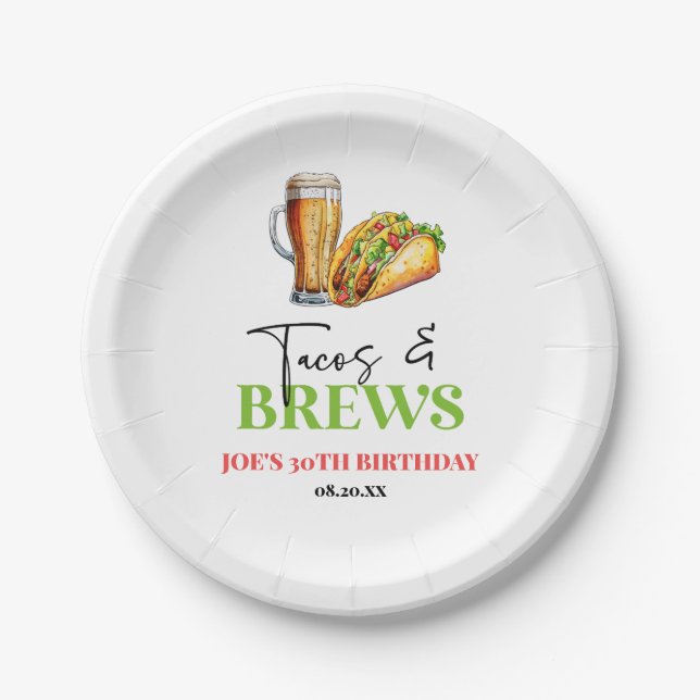 Tacos and Brews Beer Glass Birthday Party Paper Plate (Front)