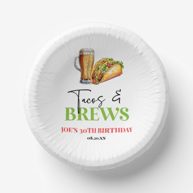Tacos and Brews Beer Glass Birthday Party Paper Plate (Front)