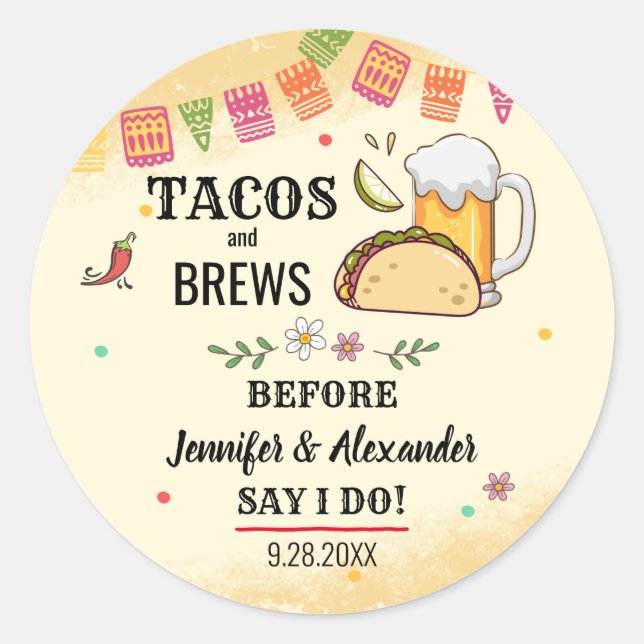 Tacos and Brews Couples Shower Sticker (Front)