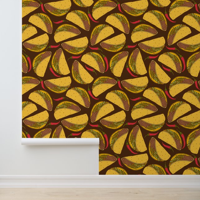 Tacos and Chilli Peppers Food Patterned Wallpaper (Application)