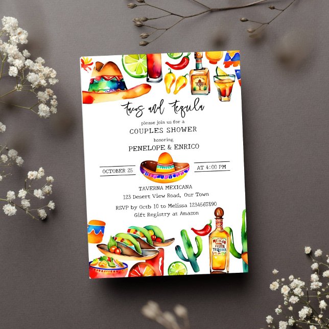 Tacos and tequila couples shower template (Tacos and tequila couples shower template invitation bright colors watercolor Mexican fiesta themed)
