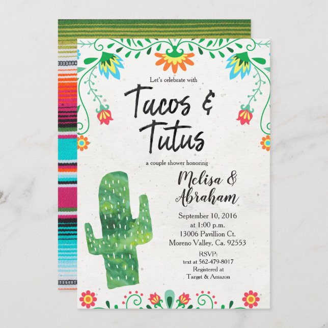 Tacos and Tutus Fiesta Baby Shower Invite card (Front/Back)