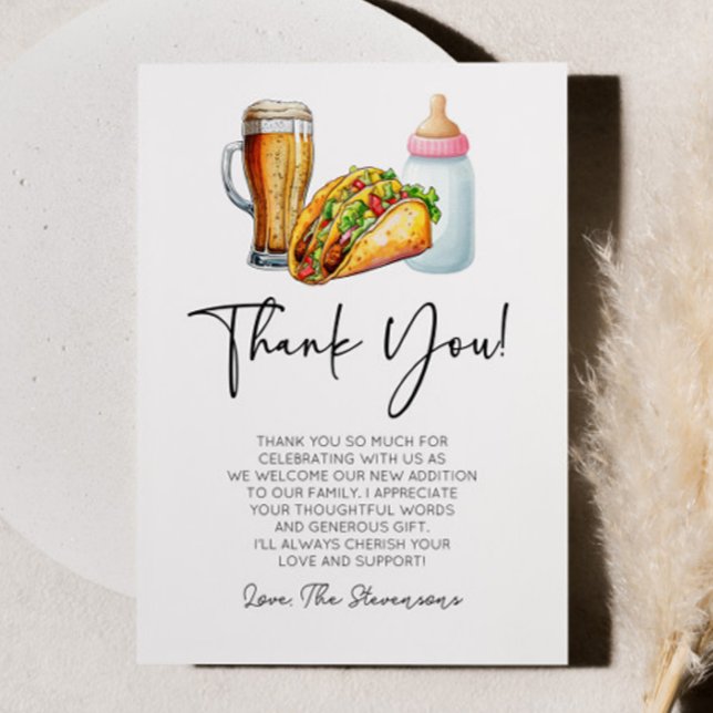 Tacos Brews and Diapers Too! Baby Shower Thank You Card (Creator Uploaded)