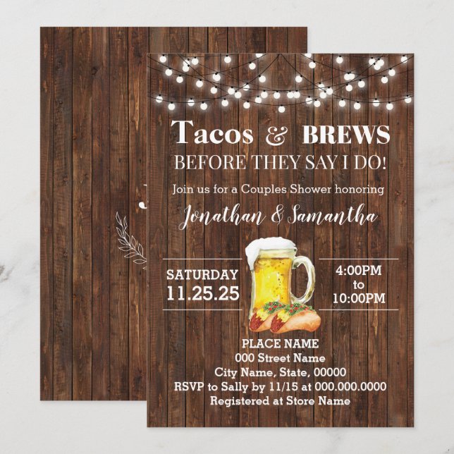 Tacos & Brews Before I Do Country Couples Shower Invitation (Front/Back)