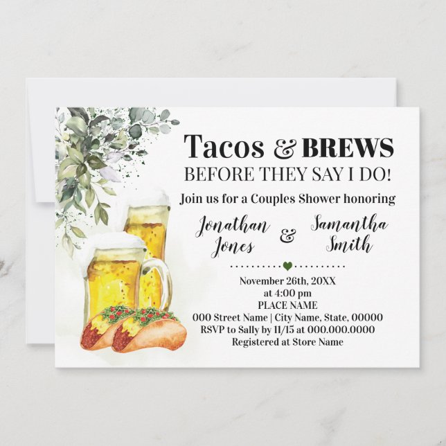 Tacos & Brews Shower Eucalyptus Greenery Invitation (Front)
