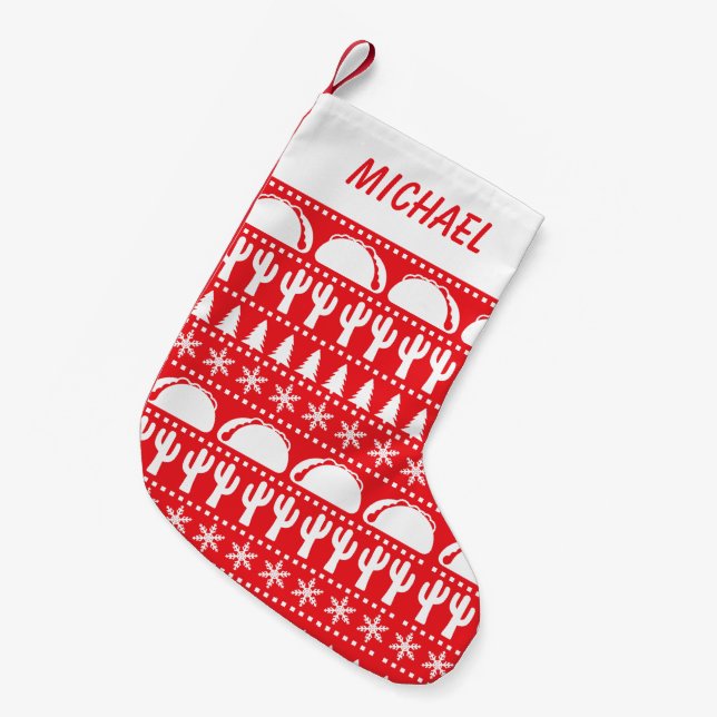 Tacos Patterned Ugly Christmas Sweater Red Small Christmas Stocking (Front (Hanging))