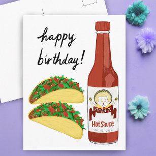 TACOS Spicy Hot Sauce Cat Maracas HAPPY BIRTHDAY Postcard
