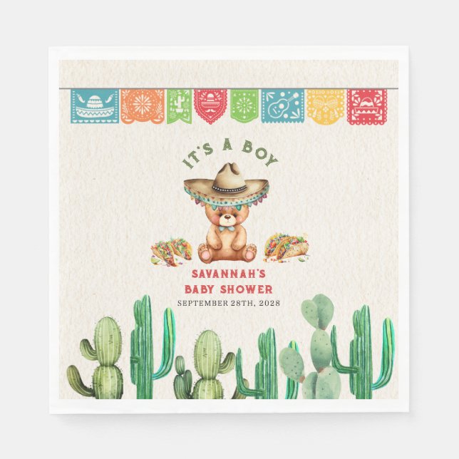 Tacos & Teddy Bears Cactus Boy Baby Shower Fiesta Napkin (Front)