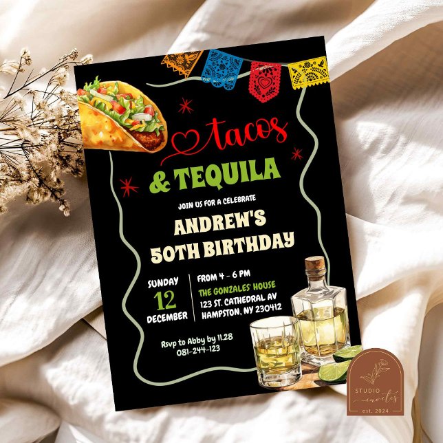 Tacos Tequila 50th Adult Spanish Birthday Fiesta Invitation (Creator Uploaded)