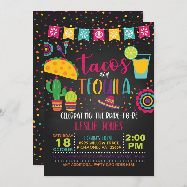 Tacos & Tequila Bridal Shower Invitation - Blk (Front/Back)