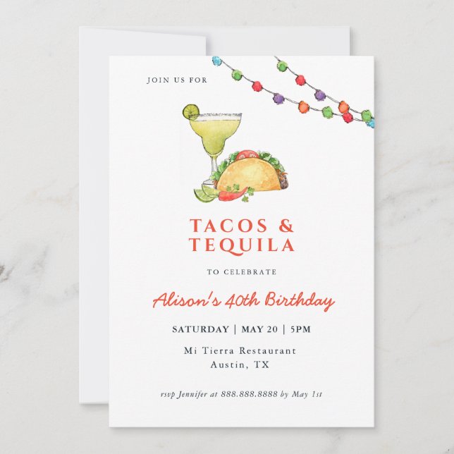 Taco's & Tequila Margarita Birthday  Invitation (Front)