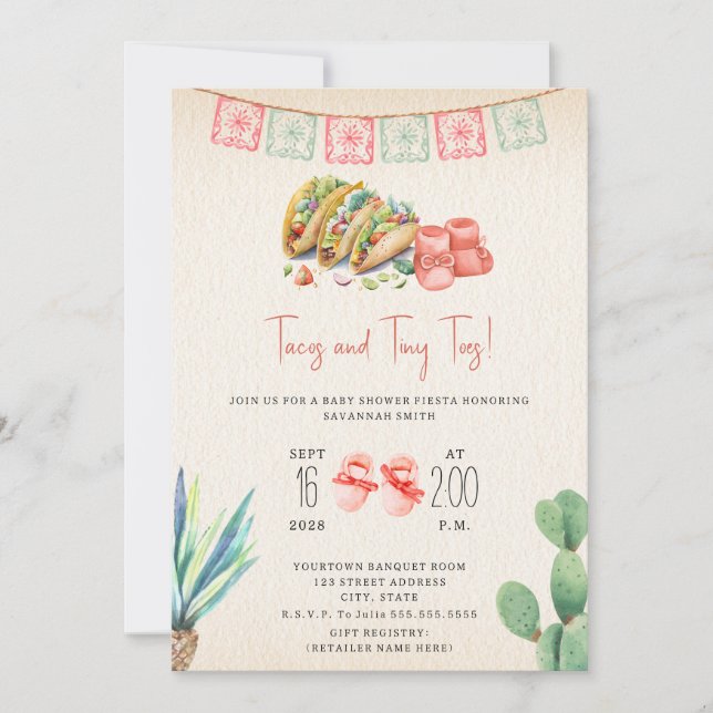 Tacos & Tiny Toes Girl Baby Shower Fiesta  Invitation (Front)