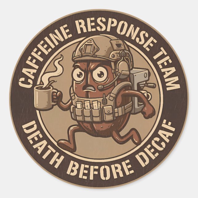 Tactical Coffee Bean Death Before Decaf Classic Round Sticker (Front)