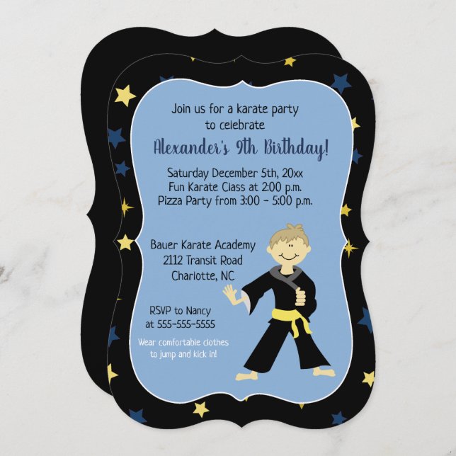 Tae Kwon Do Birthday Invitations Yellow Belt Boy (Front/Back)