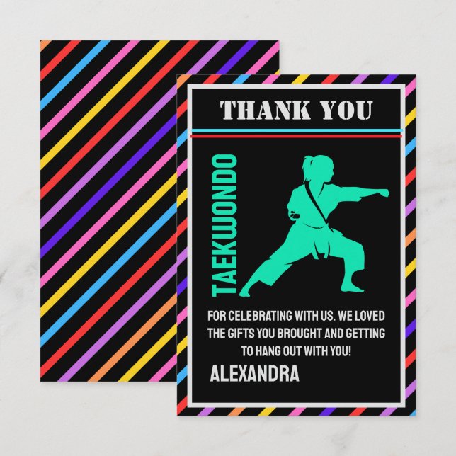 Taekwondo Birthday Party, Taekwondo Girl Player  Thank You Card (Front/Back)