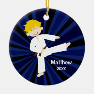 Taekwondo Brown Belt Blonde Boy Personalised Ceramic Tree Decoration