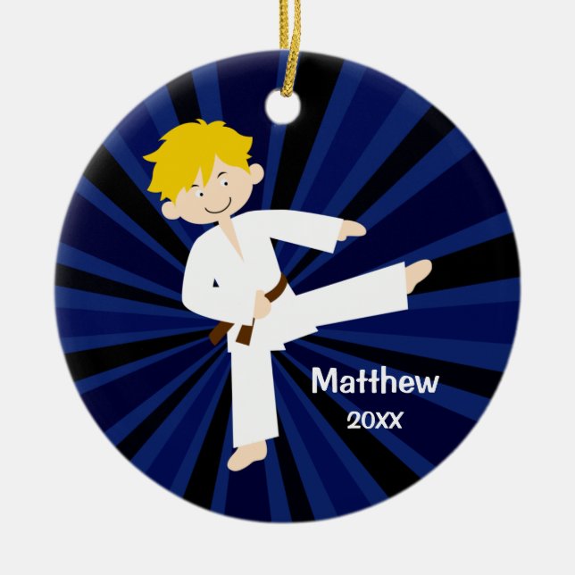 Taekwondo Brown Belt Blonde Boy Personalised Ceramic Tree Decoration (Front)