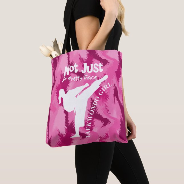 Taekwondo Cute Pink White Girly Quote Tote Bag (Close Up)