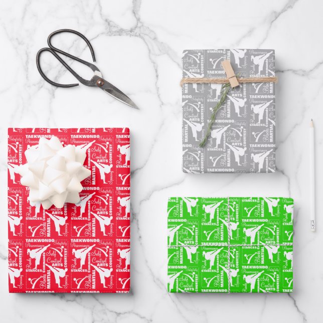 Taekwondo Cute Red Green Silver White Girly Wrapping Paper Sheet (Front)