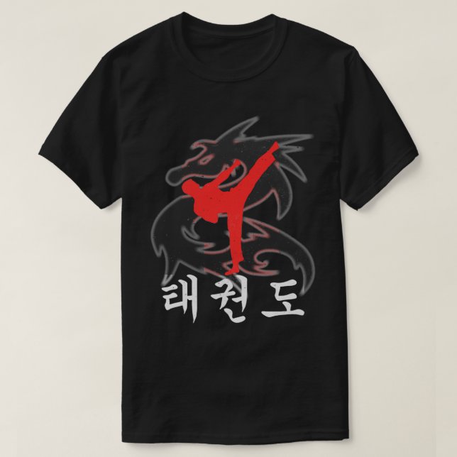 Taekwondo High Kick Dragon with Korean Symbols T-Shirt (Design Front)