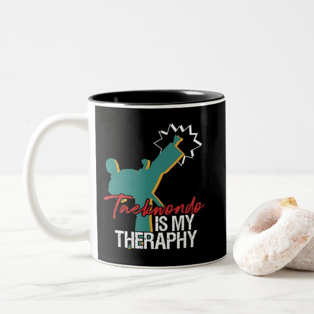 Taekwondo Is My Therapy Black Belt Martial Arts Two-Tone Coffee Mug (With Donut)