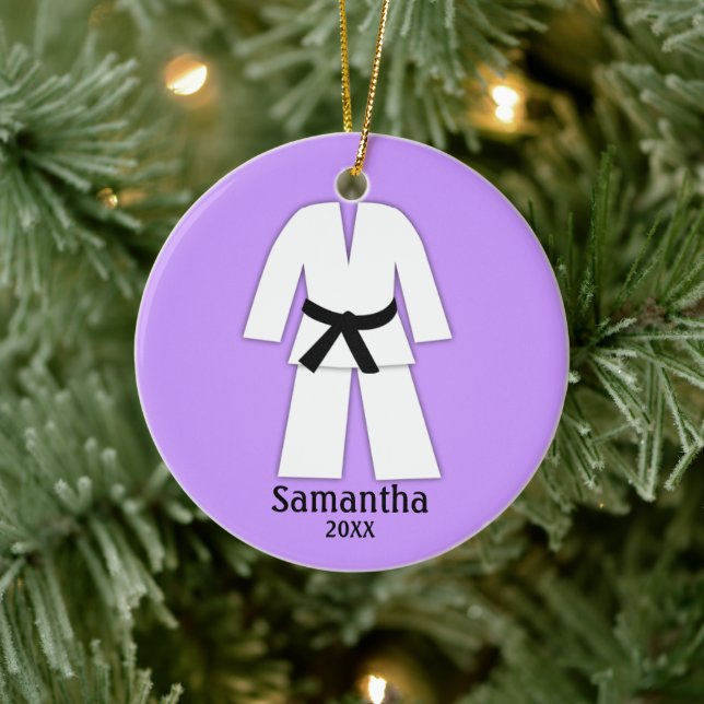 Taekwondo Karate Black Belt Purple Personalized Ceramic Tree Decoration (Tree)