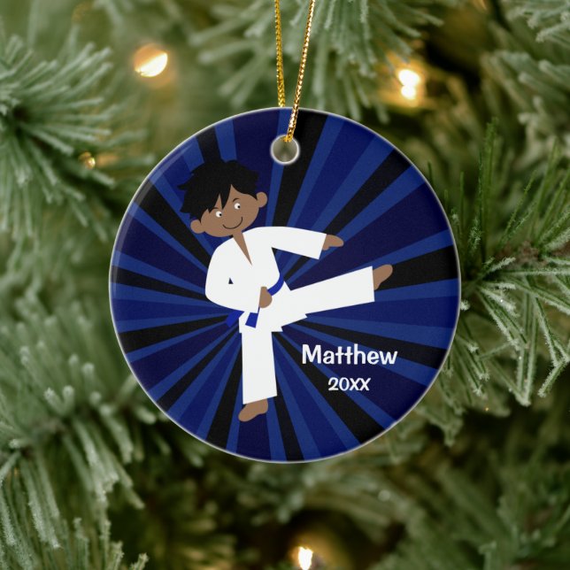 Taekwondo Karate Blue Belt Boy Personalised Ceramic Tree Decoration (Tree)