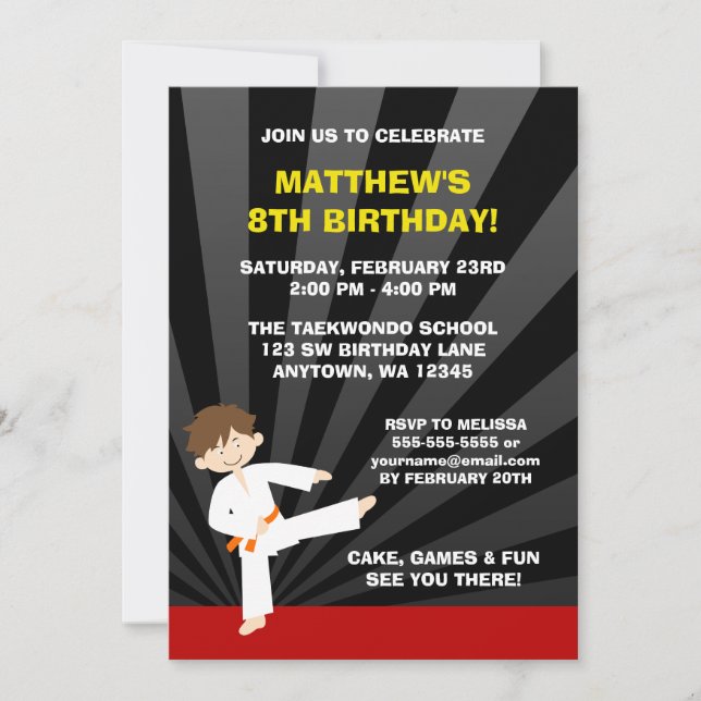 Taekwondo Karate Orange Belt Birthday Invitations (Front)