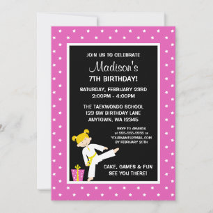 Taekwondo Karate Pink Stars Blonde Girl Birthday Invitation