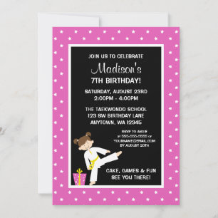 Taekwondo Karate Pink Stars Girl Birthday Invitation