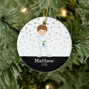 Taekwondo Karate Star Green Belt Boy Personalised Ceramic Tree Decoration