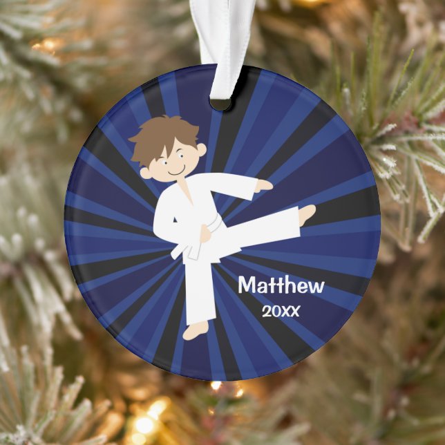 Taekwondo Karate White Belt Boy Personalised Ornament (Tree)