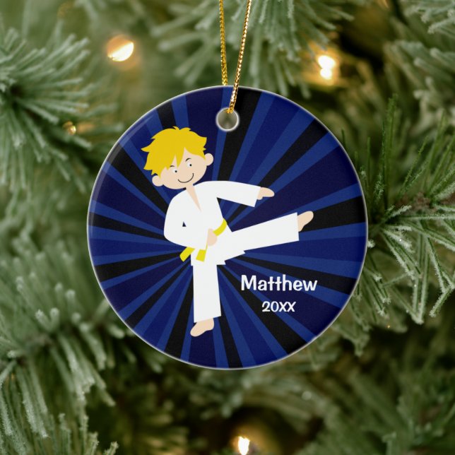 Taekwondo Karate Yellow Belt Boy Personalized Ceramic Tree Decoration (Tree)