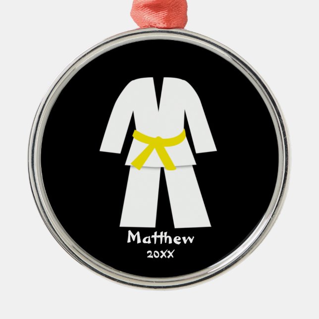 Taekwondo Karate Yellow Belt Personalised Metal Tree Decoration (Front)