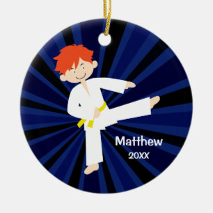 Taekwondo Karate Yellow Belt Red Boy Personalised Ceramic Tree Decoration