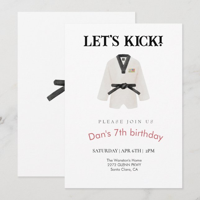 Taekwondo martial arts birthday invitation (Front/Back)