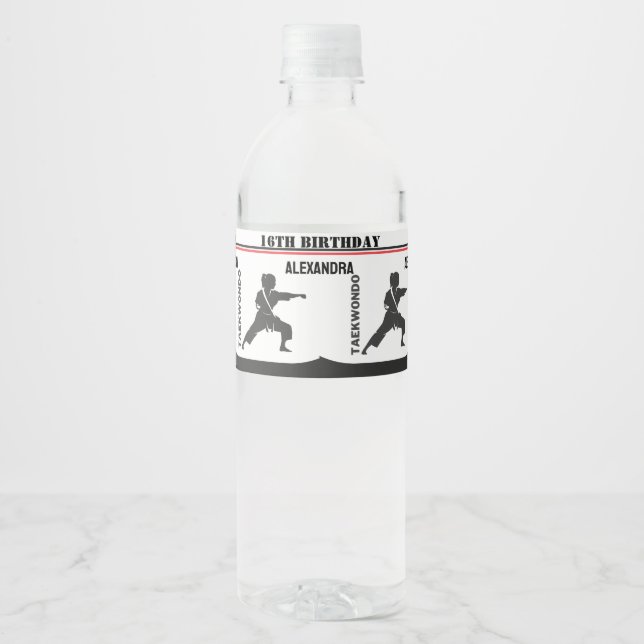 Taekwondo Player, Birthday Girl, Team Karate  Water Bottle Label (Front)