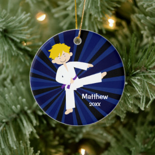 Taekwondo Purple Belt Blonde Boy Personalized Ceramic Tree Decoration