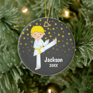 Taekwondo Yellow Belt Blonde Boy Personalised Ceramic Tree Decoration