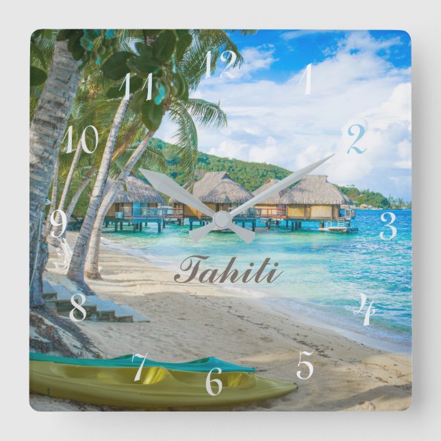 TAHITI CLOCK.  BEAUTIFUL TAHITI PARADISE BEACH on Square Wall Clock (Front)