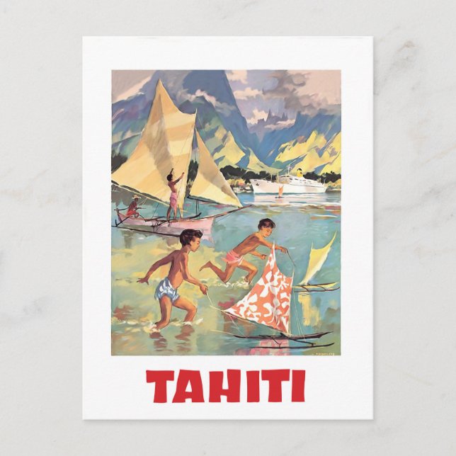 Tahiti, kids are playing with boat toys in water postcard (Front)