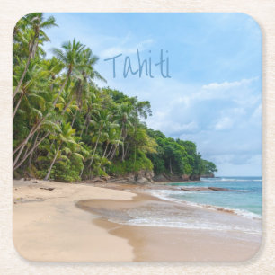 Tahiti Sand Beach Blue Sky Palm Trees Square Paper Coaster