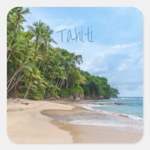 Tahiti Sand Beach Blue Sky Palm Trees Square Sticker