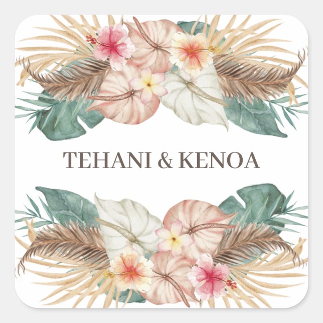 Tahiti | Tropical Beach Hibiscus Palms Wedding Square Sticker (Front)
